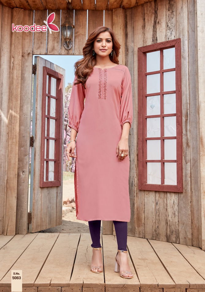 Koodee Pahal 9 Latest Fancy Designer Festive Wear Rayon Embroidery Straight Designer Kurtis Collection
