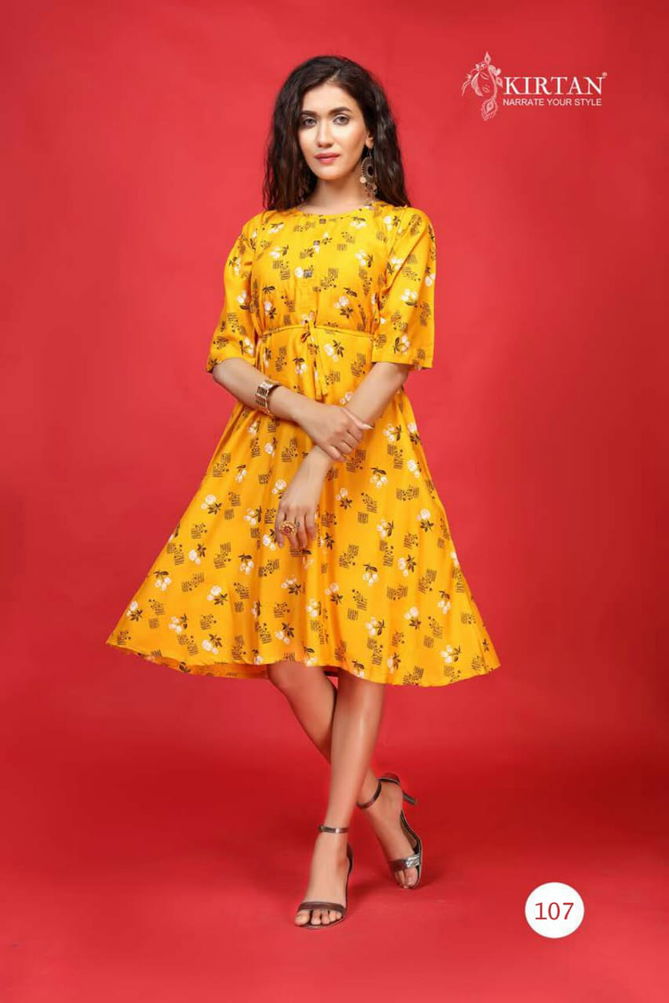 Kirtan Kanika Fancy Designer Casual Wear Rayon Printed Anarkali Kurtis Collection
