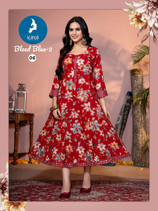 Bleed Blue 2 By Kaya Rayon Printed Anarkali Kurtis Exporters In India