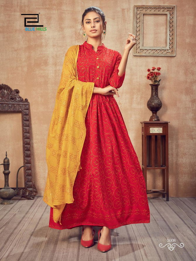 Blue Hills Soul Mate 1 Latest Fancy Festive Wear classic gold print Rayon Designer Kurtis With Dupatta Collection
