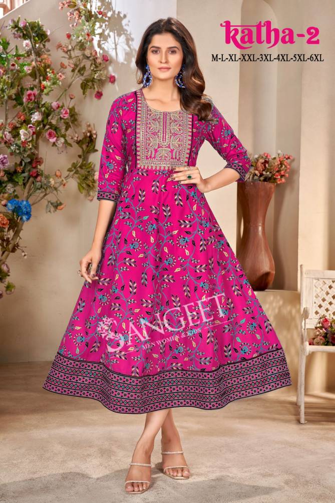 Katha 2 By Sangeet Rayon Printed Embroidery Plus Size Long Kurtis Wholesalers In Delhi