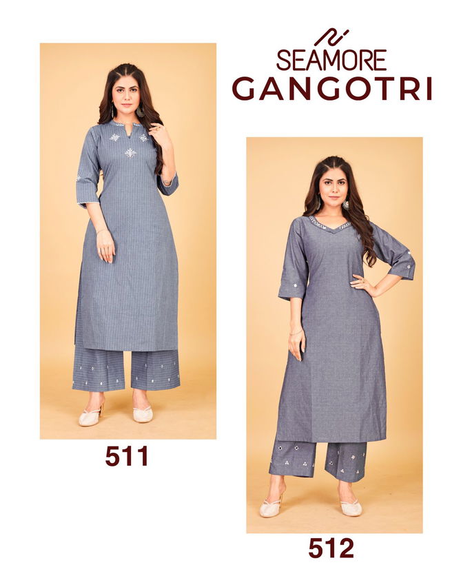 Gangotri By Seamore Mirror Work Denim Cottont Wear Women Kurta With Palazzo Orders In India