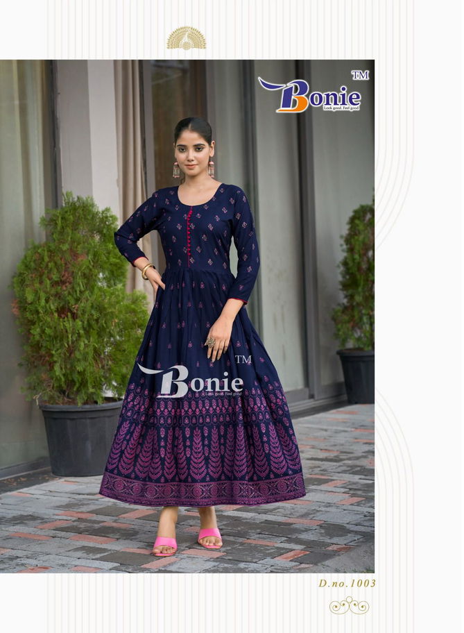 Aanchal 4 By Bonie Rayon Printed Anarkali Designer Long Kurtis Wholesalers In India