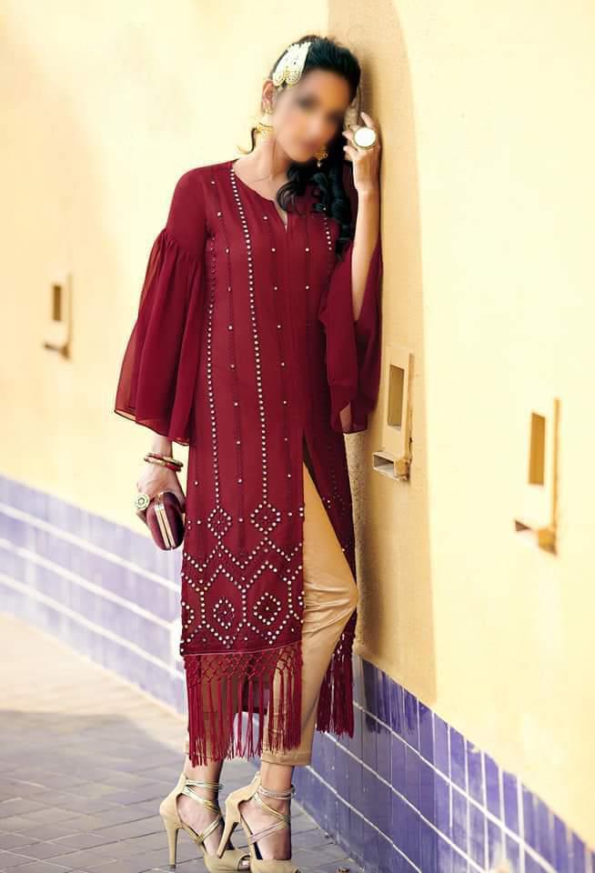 Hiba Studio LPC -24 Classy Metalic Collection Designer Tunic  with Beautiful  metalic embroidery  Embellished with handmade tassels paired with Designer Straight Cigarette pants