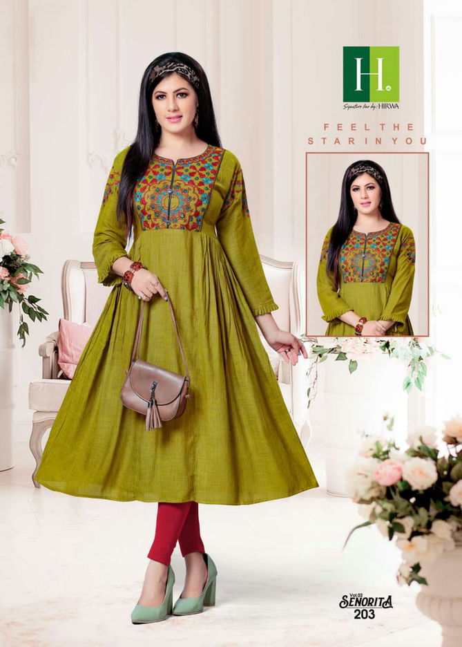 Hirwa Senorita 2 Latest Designer Fancy Embroidery Rayon Anarkali Worked Kurtis Collection
