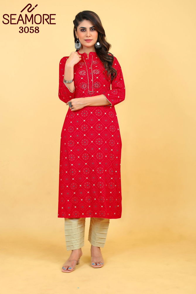 Red By Seamore Rayon Mirror Work With Printed Wear Kurtis Exporters In India