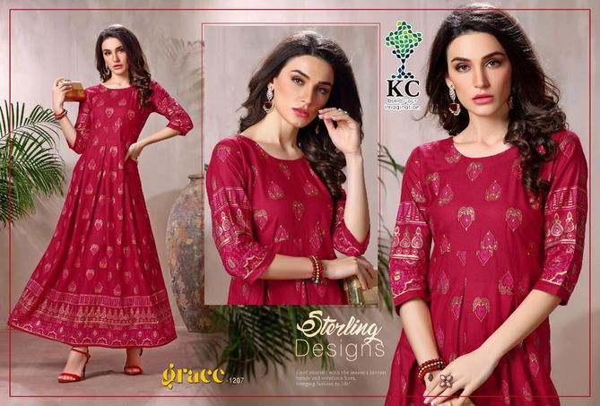 Kc Grace 12 Latest Fancy Designer Ethnic Rayon Printed Designer Long Kurti Collection
