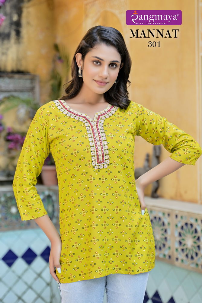 Mannat Vol 3 By Rangmaya Rayon Tunic Ladies Top Wholesale In India