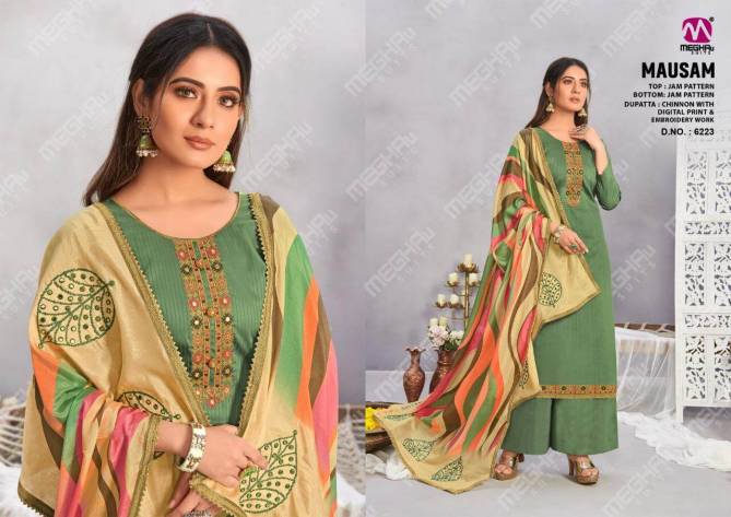 Meghali Mausam Latest Fancy Designer Casual Wear Jam Satin Embroidery Work Designer Dress Material Collection
