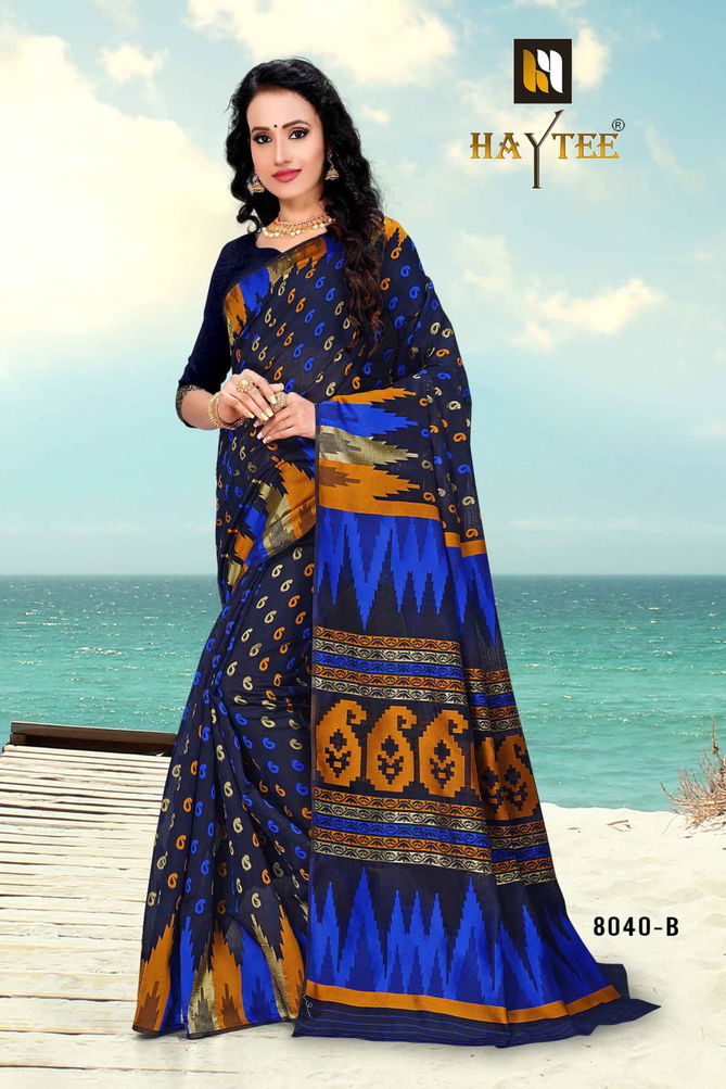 Haytee Arabic 8040 Latest Printed Designer Party Wear Poly Cotton Saree Collection 