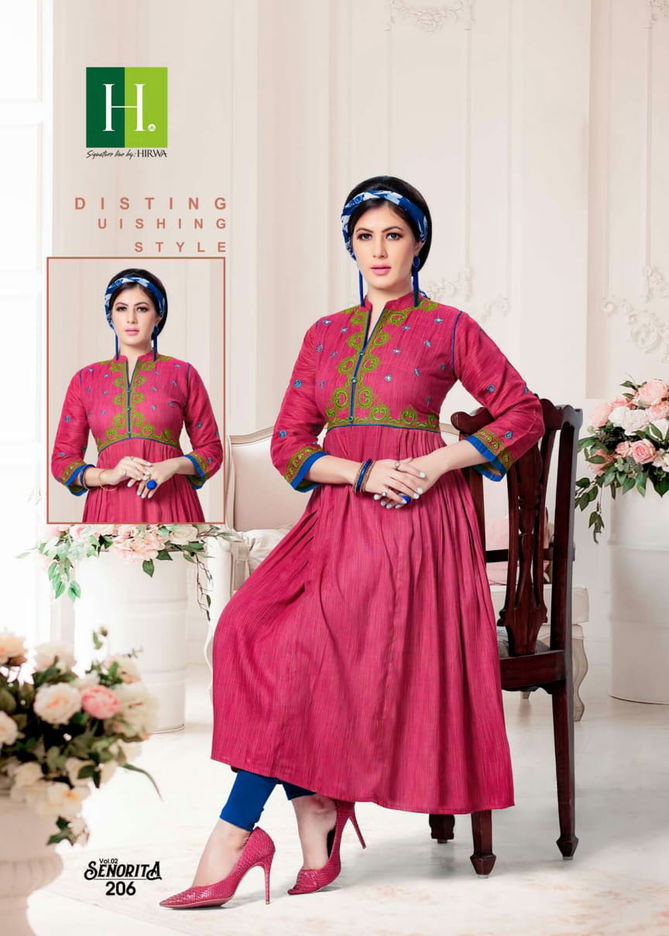 Hirwa Senorita 2 Latest Designer Fancy Embroidery Rayon Anarkali Worked Kurtis Collection
