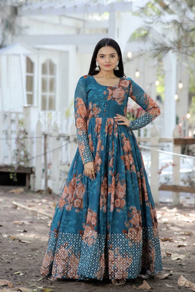 KA 1041 Faux Georgette Printed Readymade Gown Exporters In India