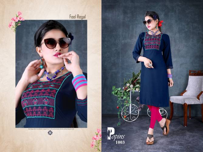 Popins Ethnic Wear Rayon Embroidery Designer Latest Kurtis Collection
