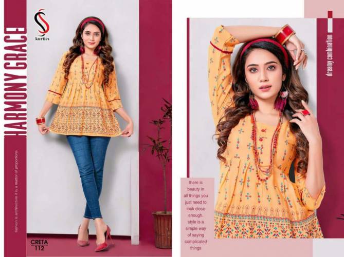 Ss Creta 1 Fancy Designer Casual Party Wear Wester Rayon Printed Stylish Ladies Top Collection

