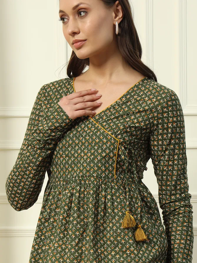 Fiorra TOP011 Green Printed Cotton Western Top Online Wholesale