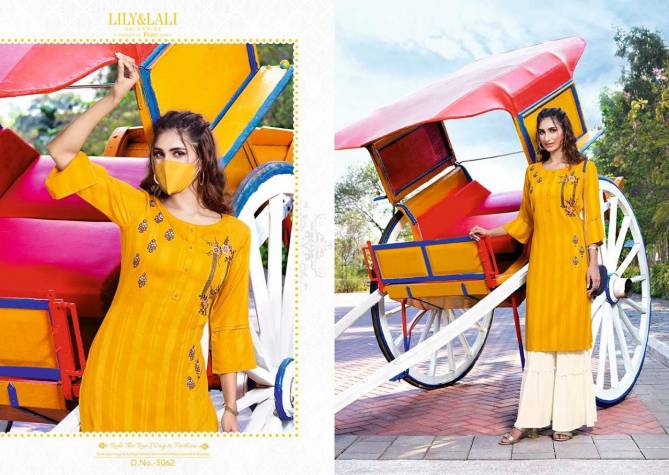 Lily & Lali Mystery Designer Partywear Fancy Rayon with Pattern Fabric Embroidery Kurtis with Gharara Collections