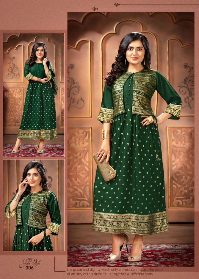 Ft Gold Style 3 Latest fancy Designer Casual Wear Gold Printed Long Kurtis Collection
