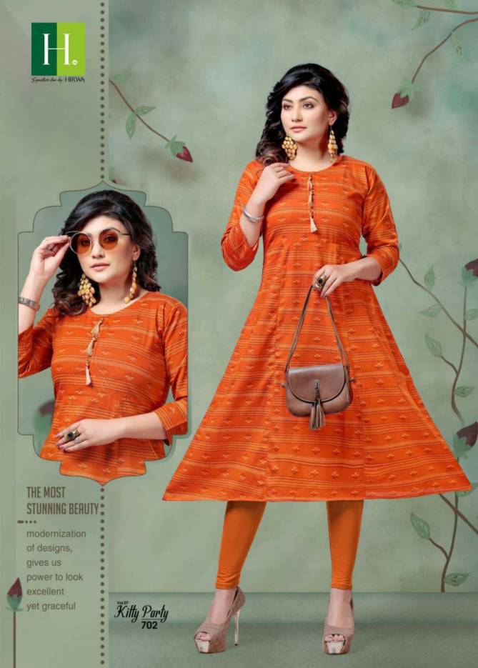 Hirwa Kitty Party 7.3 Latest Fancy Designer Casual Wear Ikkat Print Pure Cambric Cotton Flair Kurti Collection

