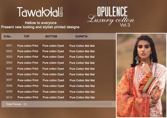 Tawakkal Opulence Latest Fancy Designer Regular Casual  Luxury Cotton 3 Pure Cotton Karachi Dress Material Collection
