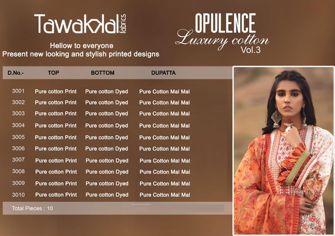 Tawakkal Opulence Latest Fancy Designer Regular Casual  Luxury Cotton 3 Pure Cotton Karachi Dress Material Collection
