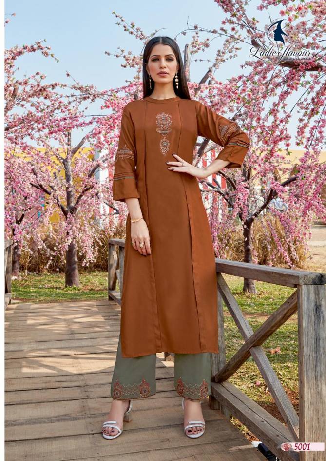 Ladies Flavour Ginni 3 Ethnic Wear Rayon Embroidery Kurti With Bottom Collection
