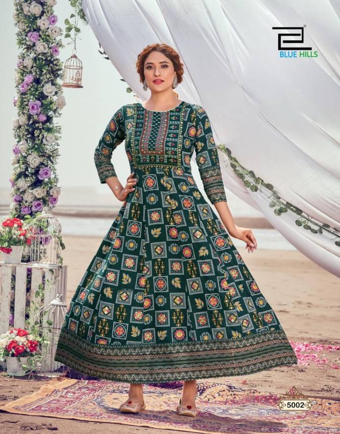 Blue Hills Up To Date 5 Rayon Printed Festive Wear Designer Long Kurti Collection