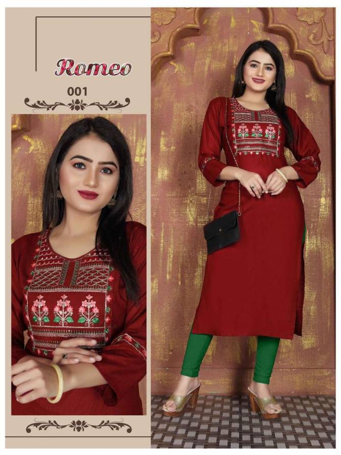 Romeo Vol 1 By Trendy Rayon Slub Embroidery Kurtis Wholesale Suppliers In Mumbai
