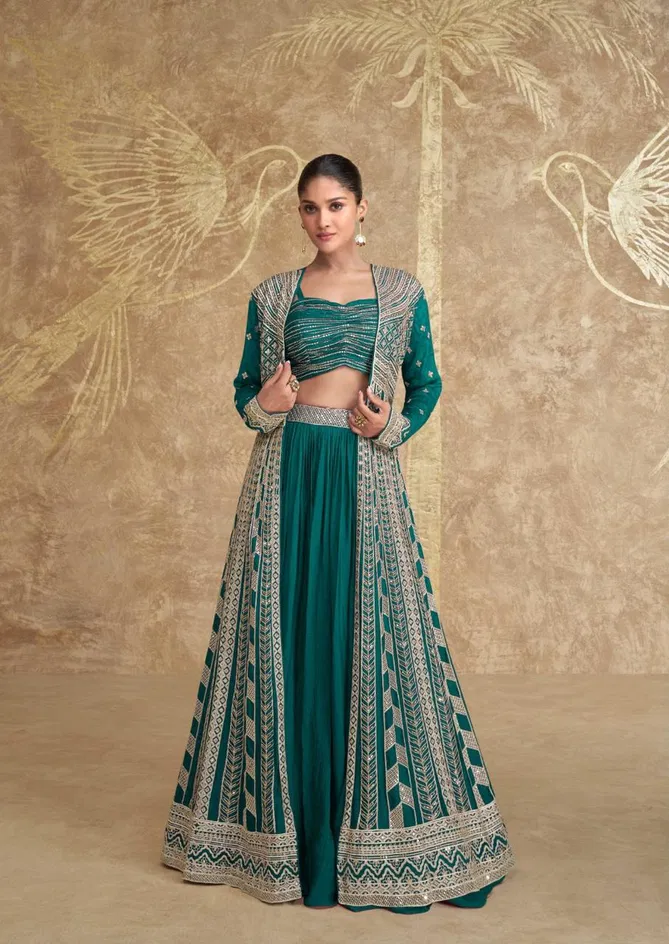 Tyohaar Gold By Sayuri Designer Chinon Silk Indo Western Lehenga Exporters In India