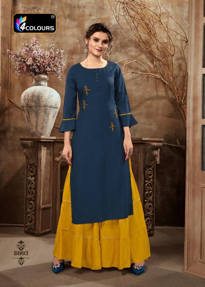 4Colours Zulfat Fancy Casual Wear Rayon Slub With Embroidery Work Kurti With Bottom Collection