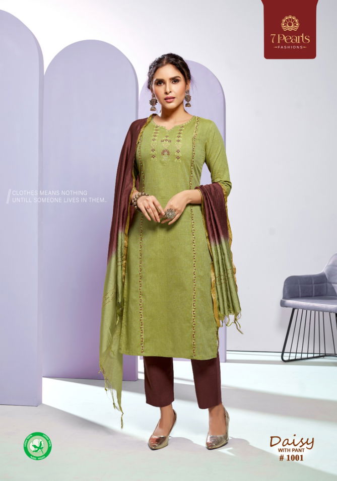 7 Pearls Daisy Cotton With Embroidery Work Ethnic Wear Kurti Pant With Dupatta Ready Made Collection
