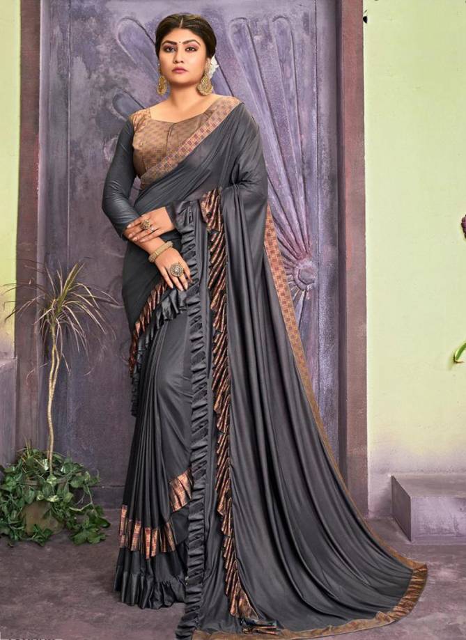 New Designer Lycra Fancy Party Wear Frill Sarees Collection For Women