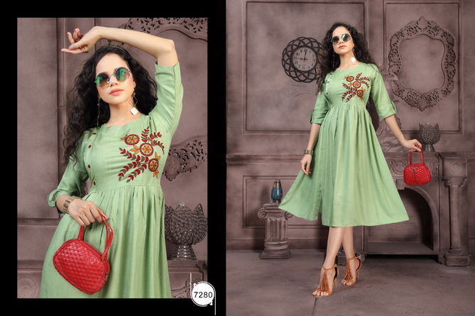 Ft Lollipop Latest Fancy Designer Embroidery Rayon Casual Wear Anarkali Kurtis Collection
