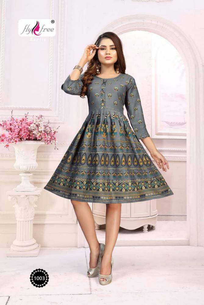 Fly Free Phonix Latest fancy bcasual wear Rayon Printed Designer Anarkali Kurtis Collection
