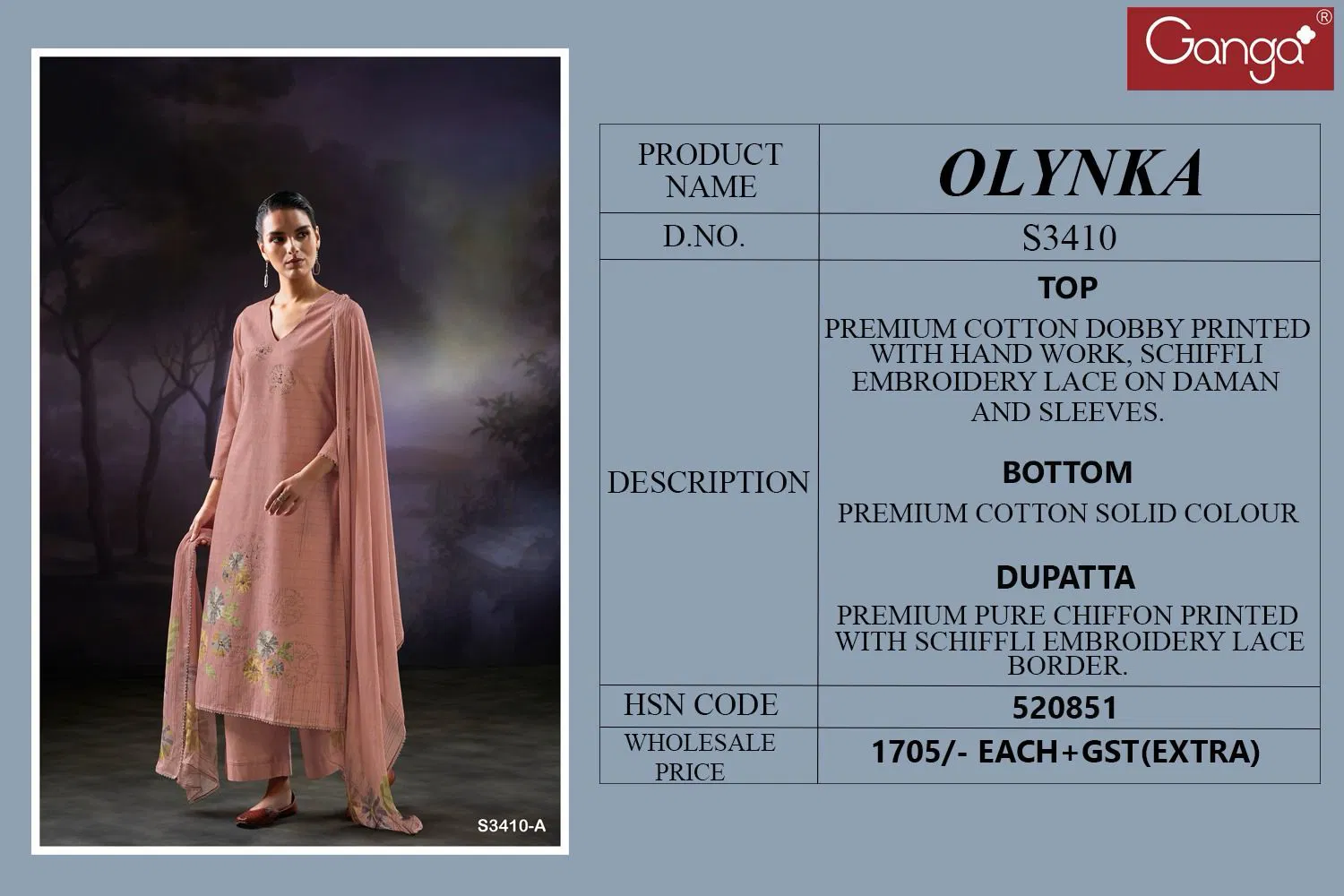 Olynka 3410 by Ganga Cotton Dobby Printed Salwar Suit Exporters In India