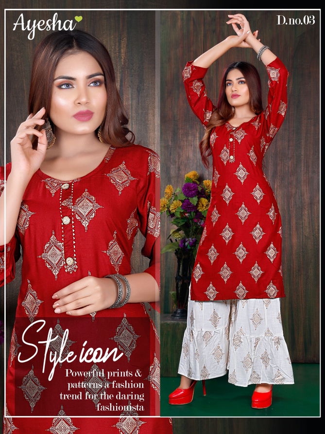 Ayesha Bhavya Latest fancy Designer Casual Wear Rayon Printed Kurtis With Bottom Collection
