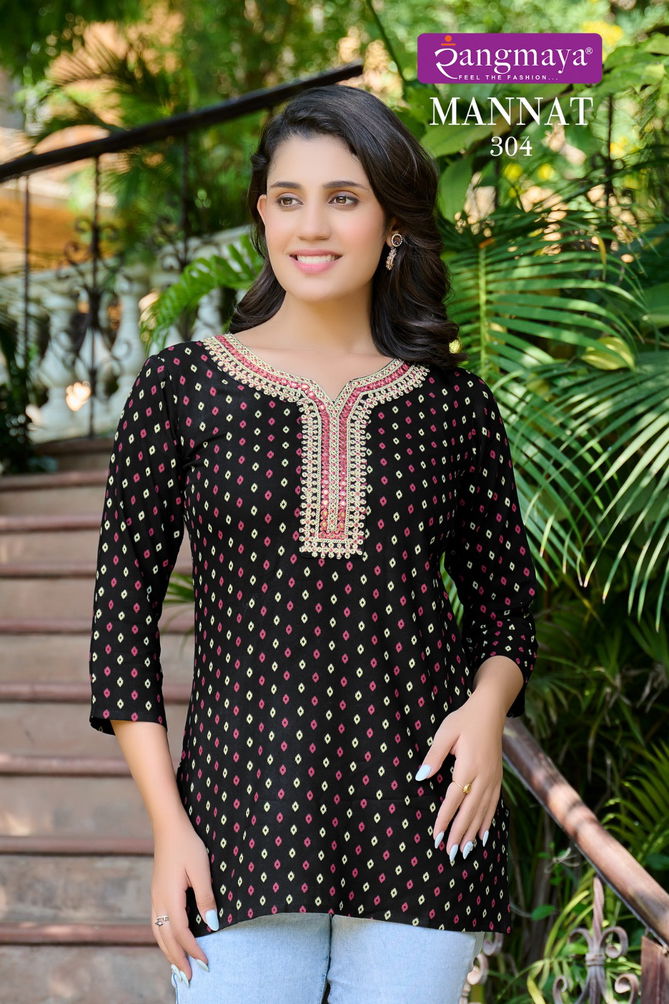 Mannat Vol 3 By Rangmaya Rayon Tunic Ladies Top Wholesale In India