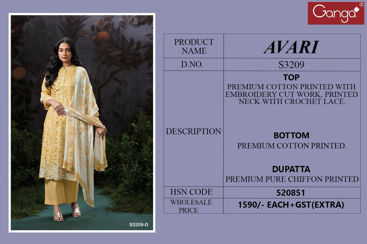 Avari 3209 By Ganga Cotton Printed Embroidery Dress Material Suppliers In India