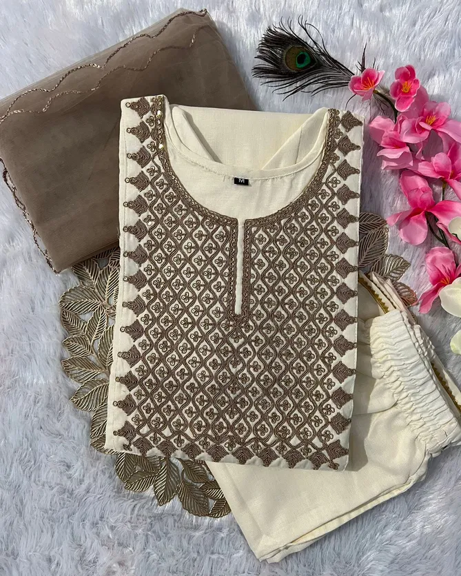 VT Designer Slub Cotton Embroidery Kurti With Bottom Dupatta Suppliers In India