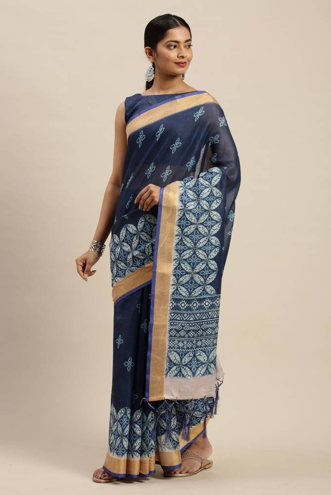 Indigo 1.1 Latest Fancy Designer Regular Casual Wear Linen Cotton Printed Saree Collection
