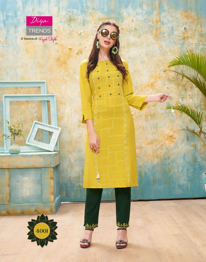 Forever 4 Latest Fancy Designer Ethnic Wear Rayon With fancy Embroidery Kurti With Bottom Collection
