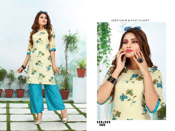 Ft Bonjour Latest Fancy Regular Wear Rayon Printed Kurti With Bottom Collection