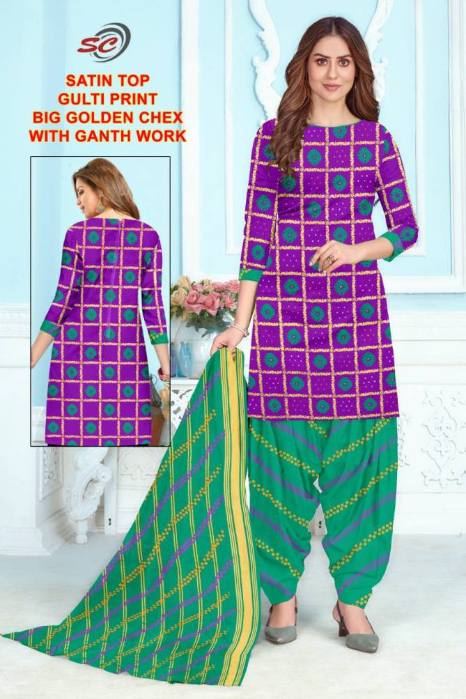 Sc Satin Top With Big Golden Chex Ganth Work Cotton Printed Casual Wear Dress Material Collection
