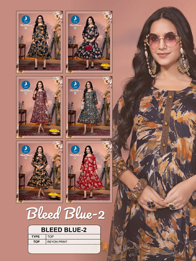 Bleed Blue 2 By Kaya Rayon Printed Anarkali Kurtis Exporters In India