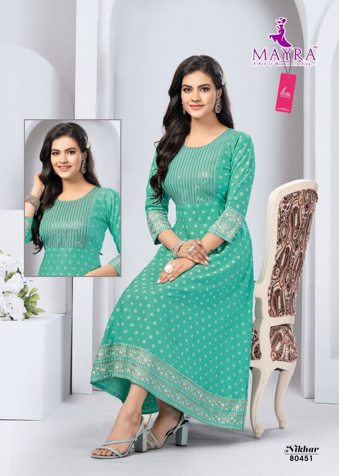 Mayra Nikhar Heavy Liva Designer Rayon Anarkali Kurti Catalog
