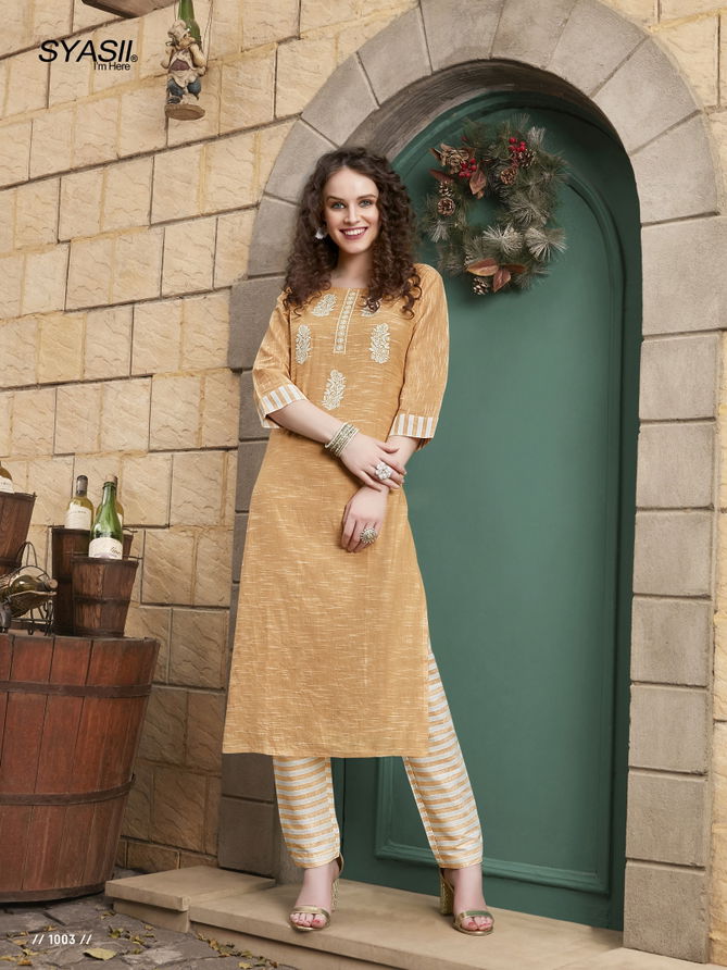 Syasii Thread Latest Fancy Designer Regular Wear Cotton With Embroidery Kurti With Bottom Collection
