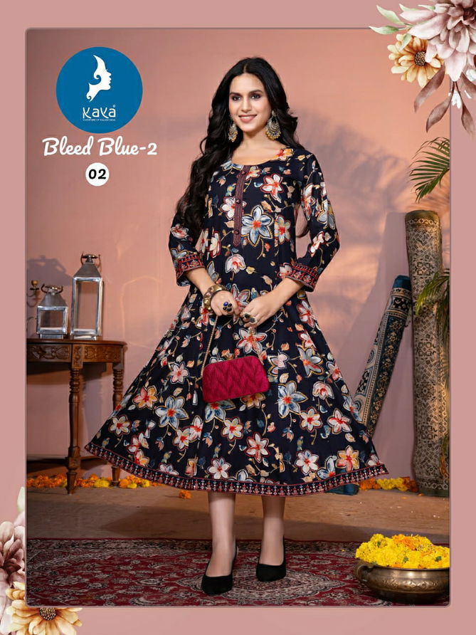 Bleed Blue 2 By Kaya Rayon Printed Anarkali Kurtis Exporters In India