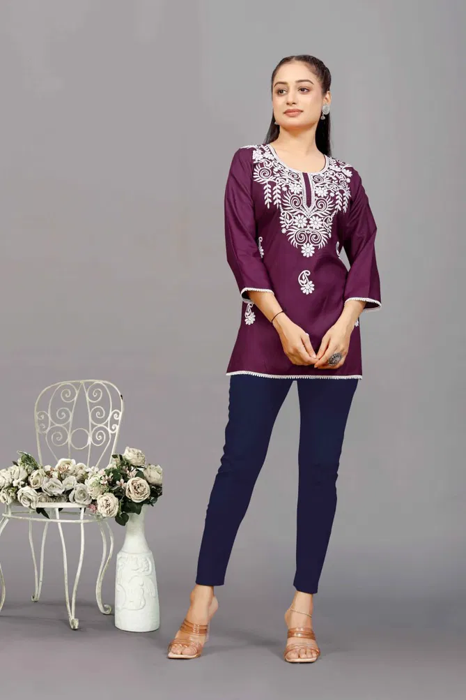 NSF Hello Rayon Chikankari Embroidery Ladies Top Wholesale Online