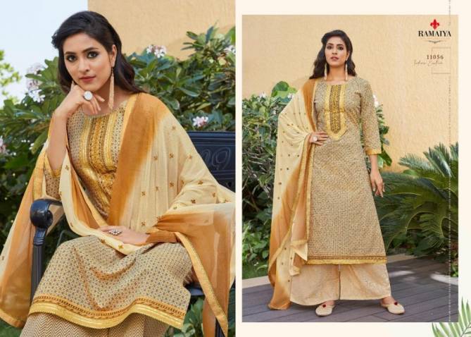 Ramaiya Rose Gold Latest Fancy Ethnic wear Cotton Print With Neck Work Top With Four Side less Dupatta Designer Dress Material Collection
