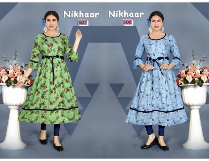 Nikhaar 5 Latest Designer Fancy Ethnic Wear Pure Rayon Printed Anarkali Kurtis Collection
