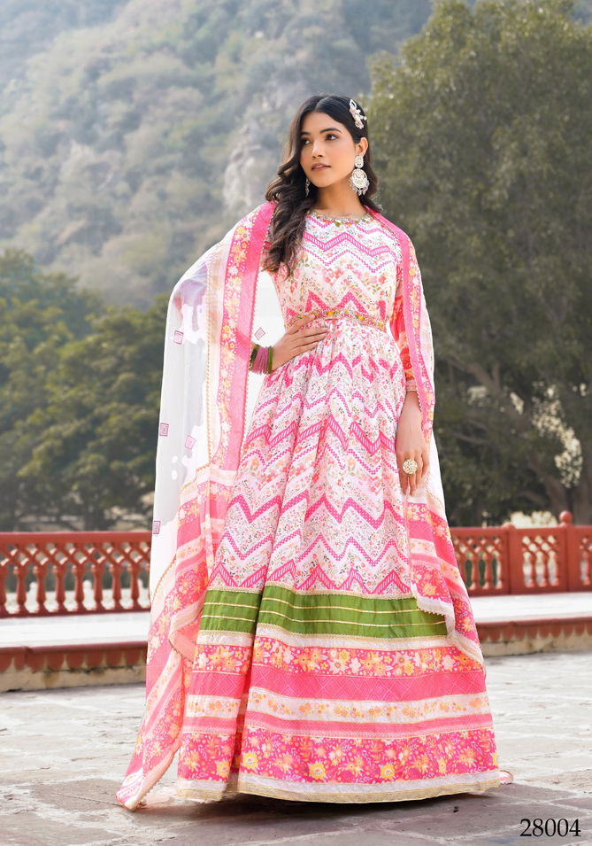 Sanj By Tejasvee Soft Dola Silk Printed Gown With Dupatta Wholesalers In Delhi